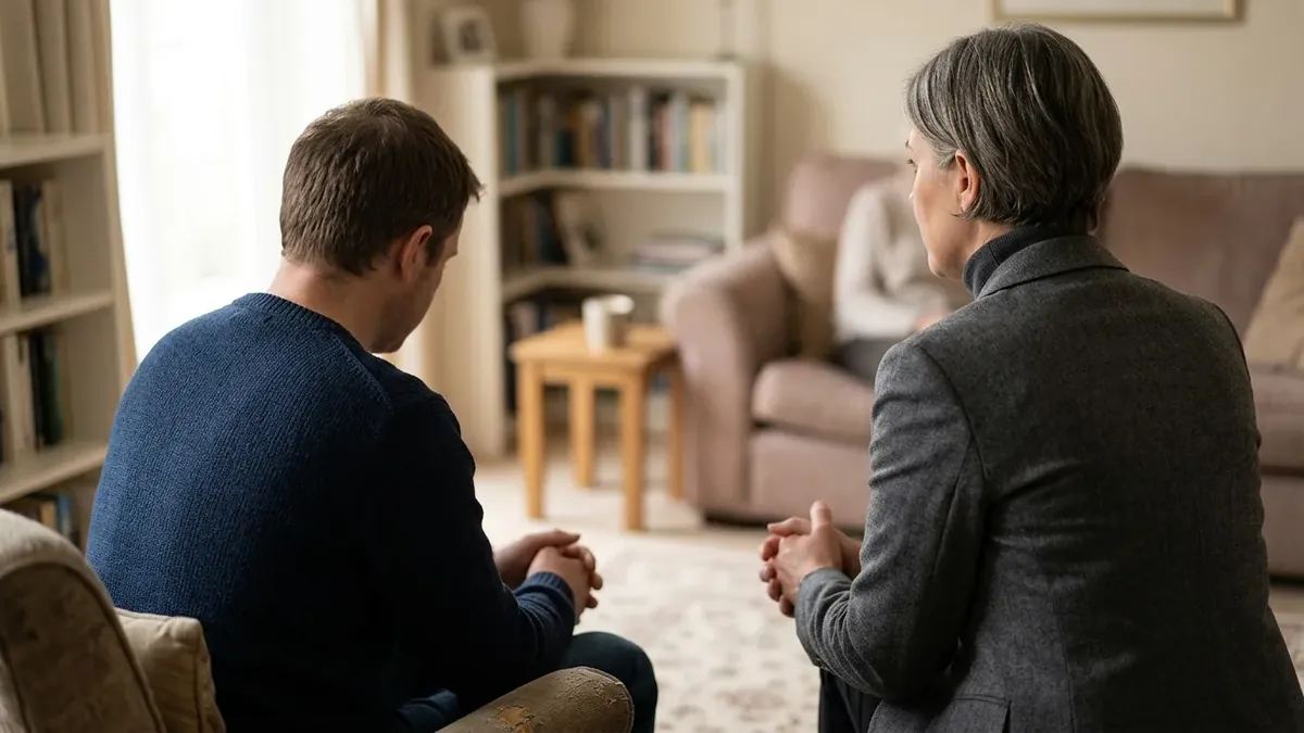 A funeral director in conversation with a family member