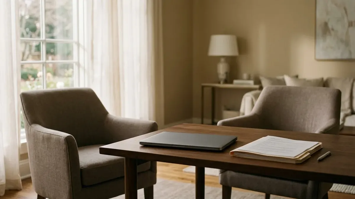 A table set for an arrangement conversation, with papers ready