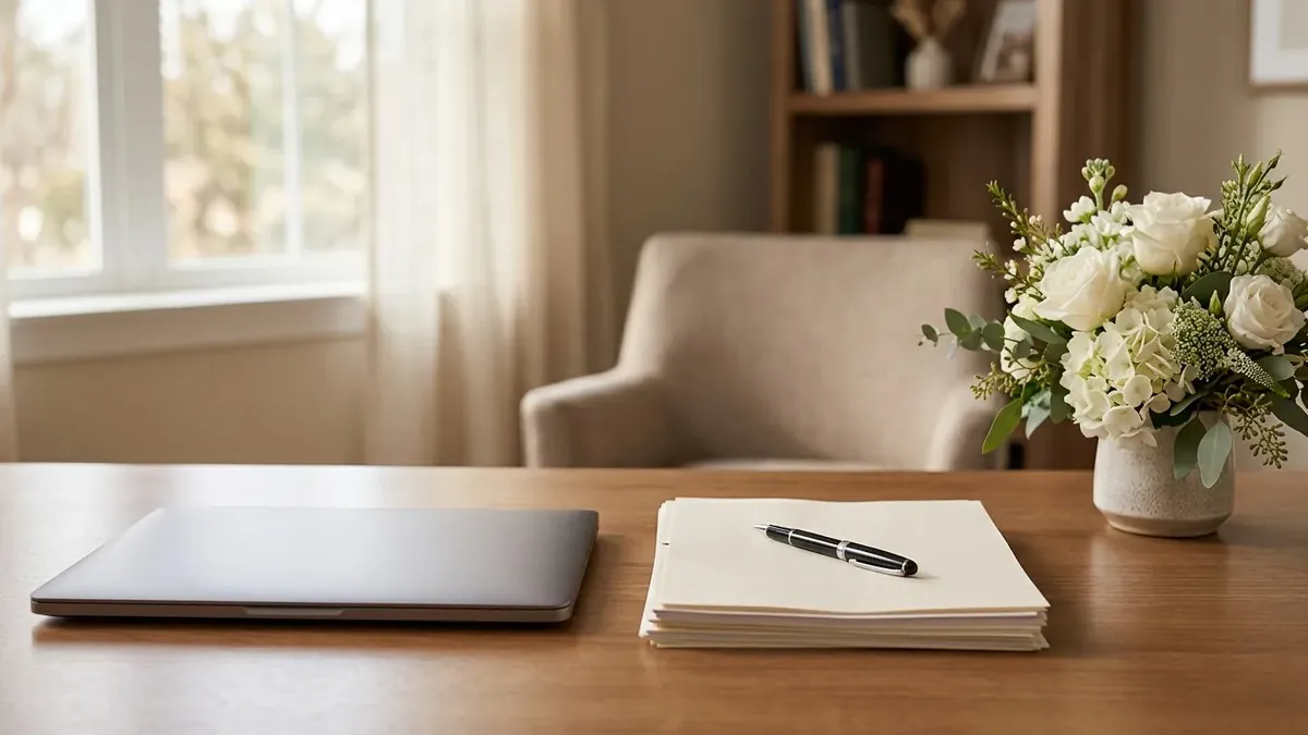 A desk with a closed laptop, papers and white flowers