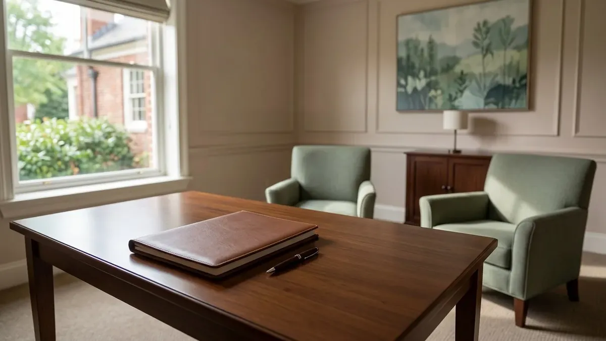 A meeting room with a wooden table and two green armchairs