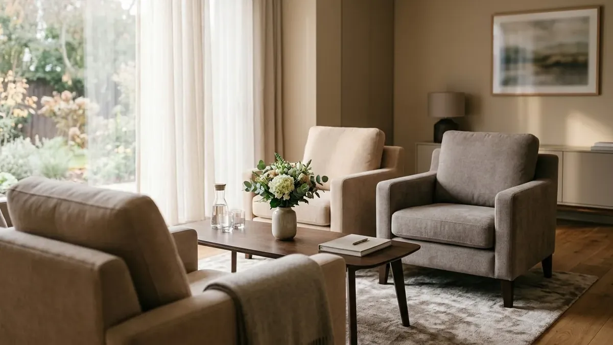 A calm arrangement room with armchairs, a low table and fresh flowers
