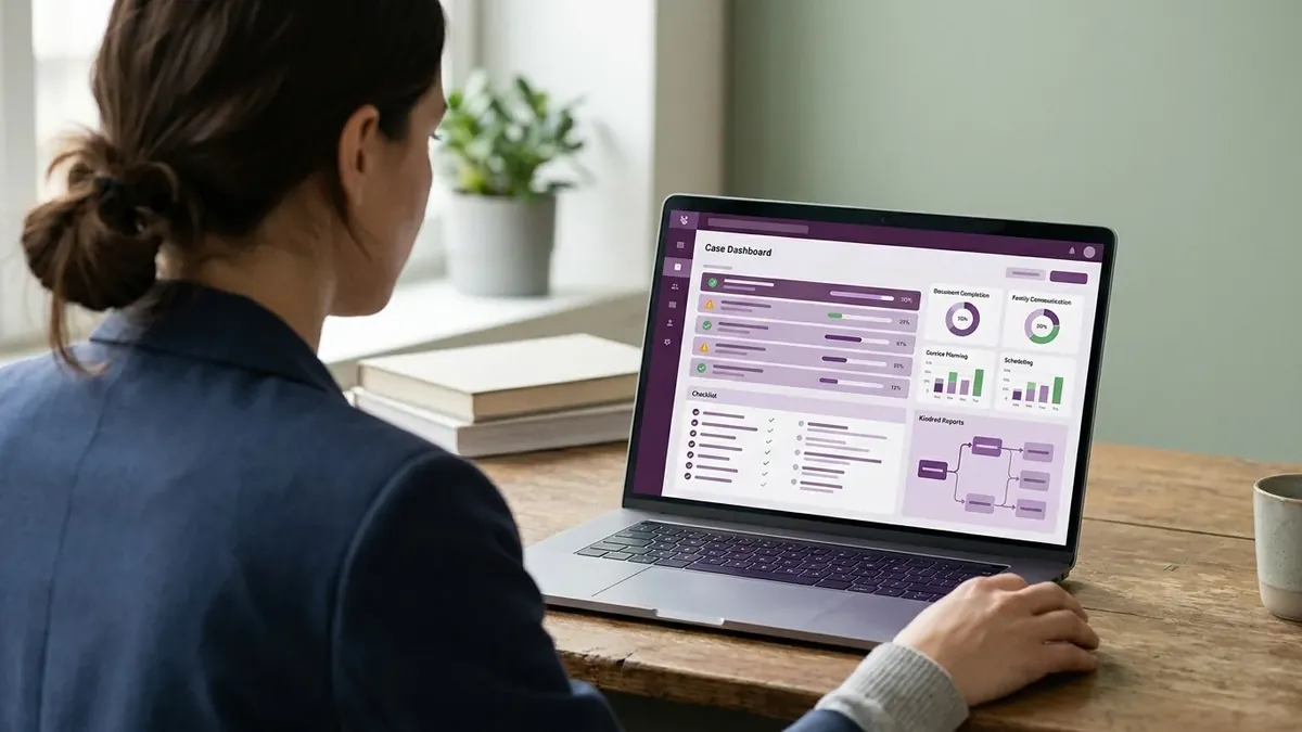 A staff member reviewing a case dashboard on a laptop