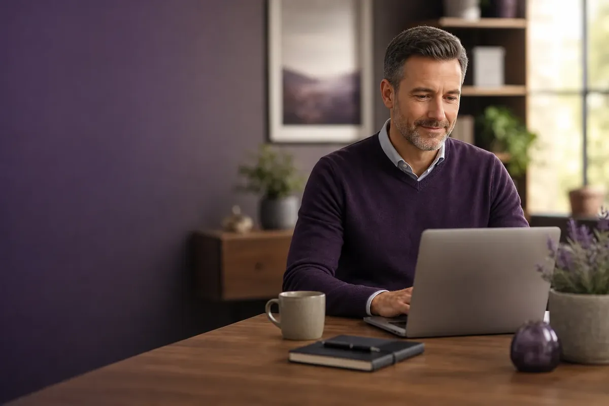 A funeral director working calmly at a laptop in a quiet office