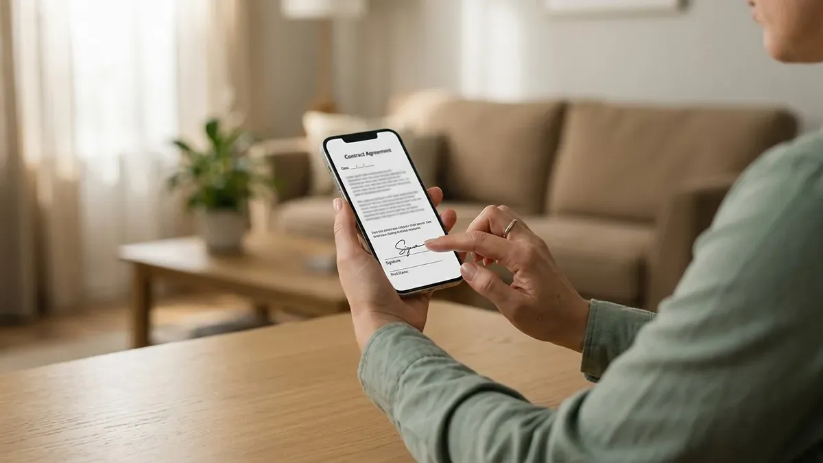 A family member signing a document on a phone at home