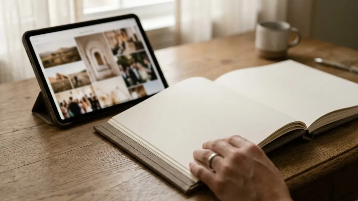Family photographs on a tablet beside an open memory book