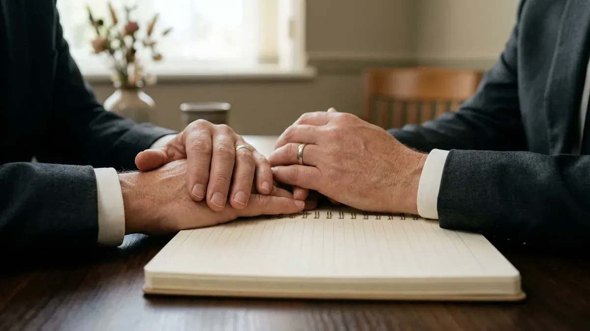 One hand resting on another across a table, in comfort