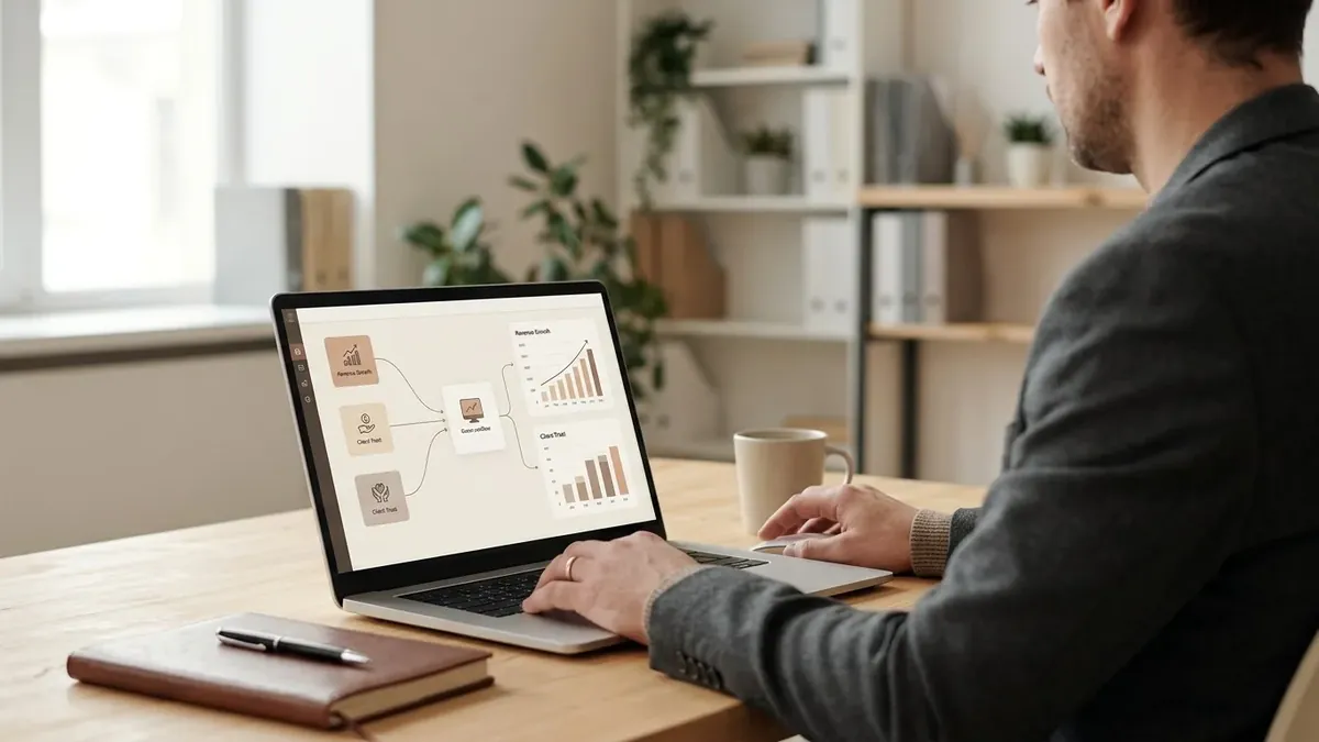 Reports and charts open on a laptop in a funeral home office